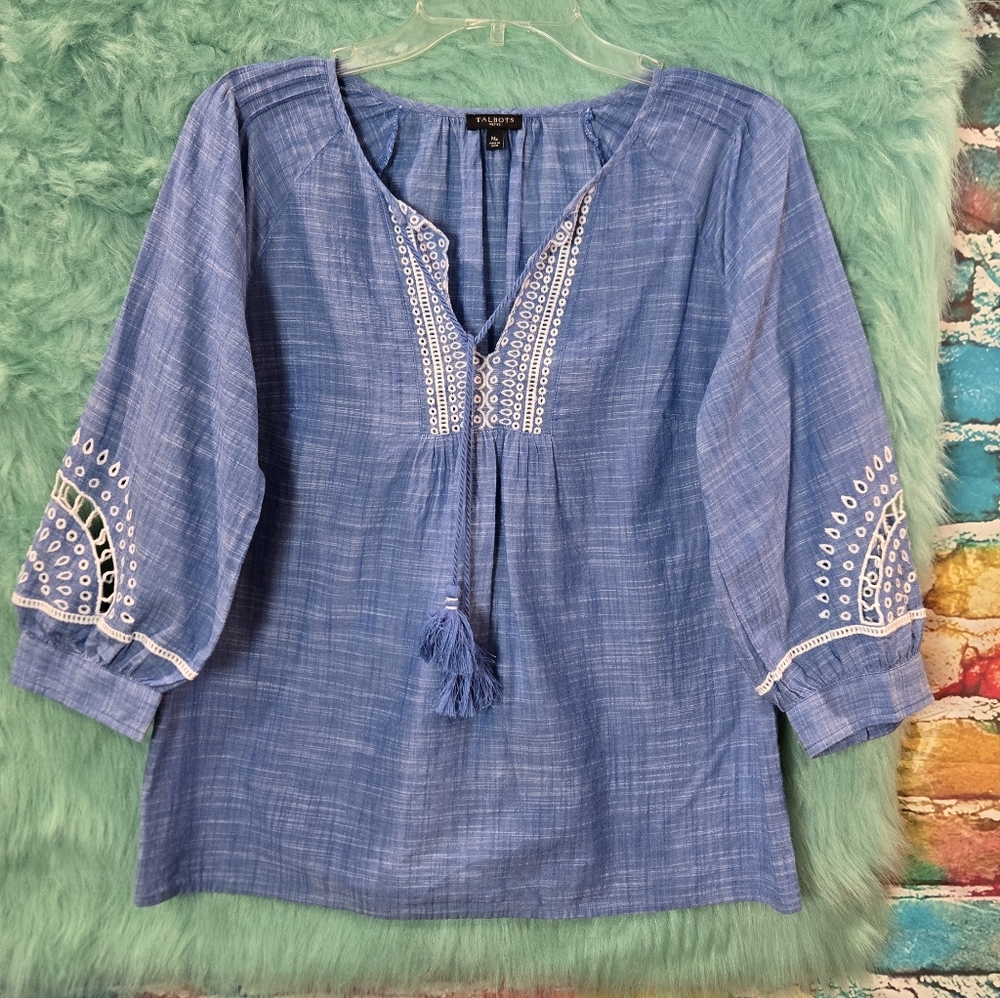 Talbots Petite Blue And White Babydoll V Neck Half Sleeve Front Tie Top Size Mp